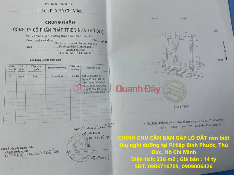 OWNER URGENTLY NEEDS TO SELL A LOT OF LAND FOR RESORT VILLA IN HIEP BINH PHUOC WARD, THU DUC, HO CHI MINH CITY Sales Listings