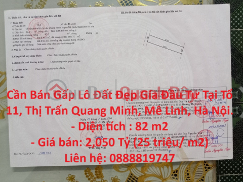 Cần Bán Gấp Lô Đất Đẹp Gía Đầu Tư Tại Tổ 11, Thị Trấn Quang Minh, Mê Linh, Hà Nội. _0