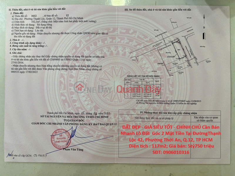 ĐẤT ĐẸP - GIÁ SIÊU TỐT - CHÍNH CHỦ Cần Bán Nhanh Lô Đất Góc 2 Mặt Tiền Tại Quận 12, TP HCM Niêm yết bán