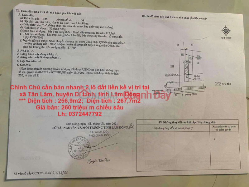 Owner needs to quickly sell 2 adjacent plots of land located in Tan Lam commune, Di Linh district, Lam Dong province. Sales Listings