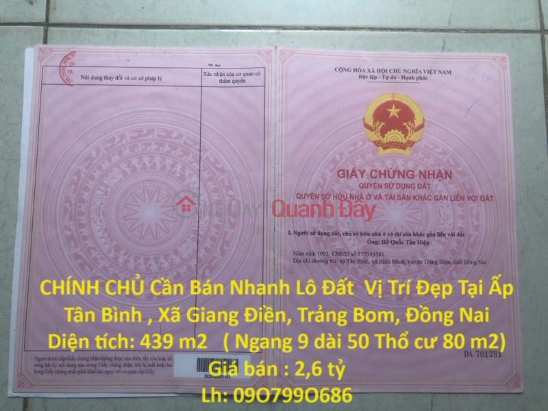 CHÍNH CHỦ Cần Bán Nhanh Lô Đất Vị Trí Đẹp Tại Ấp Tân Bình , Xã Giang Điền, Trảng Bom, Đồng Nai Niêm yết bán