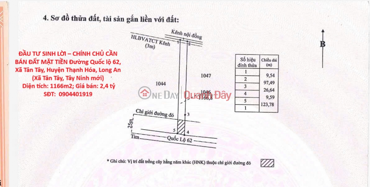 PROFITABLE INVESTMENT – OWNER NEEDS TO SELL LAND WITH FRONTAGE ON NATIONAL HIGHWAY 62 IN TAN TAY COMMUNE, THANH HOA DISTRICT, LONG AN PROVINCE Sales Listings