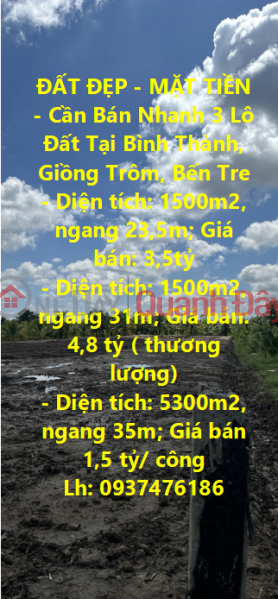 BEAUTIFUL LAND - FRONT FRONT - For Quick Sale 3 Lots Of Land In Binh Thanh, Giong Trom, Ben Tre Sales Listings