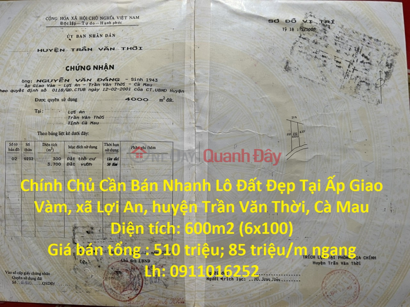 The Owner Needs to Sell Quickly Beautiful Land Lot In Tran Van Thoi - Ca Mau Sales Listings