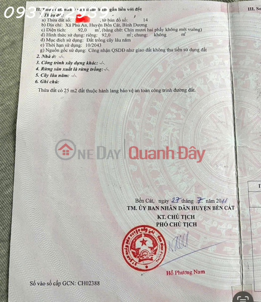 Super product land on Phu An 023 Street, Ben Cat District, Ho Chi Minh City, Area 92m2, investment price Sales Listings