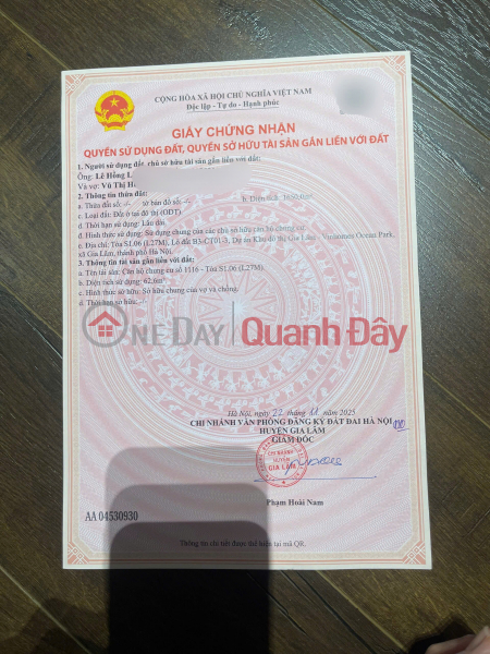 2-bedroom apartment for sale in building S106, area 62.6m2, Vinhomes Ocean Park Gia Lam. Sales Listings