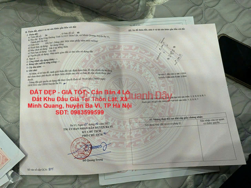BEAUTIFUL LAND - GOOD PRICE - Need to sell 4 lots of land in the auction area in Lat village, Minh Quang commune, Ba Vi district, Hanoi city Sales Listings