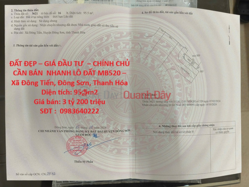 ĐẤT ĐẸP – GIÁ ĐẦU TƯ – CHÍNH CHỦ CẦN BÁN NHANH LÔ ĐẤT MB520 – Xã Đông Tiến, Đông Sơn, Thanh Hóa Niêm yết bán