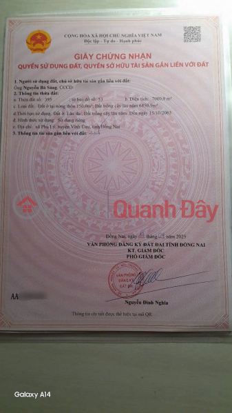 cần bán gấp đất phú lý vĩnh cửu có thổ cư để trả nợ Niêm yết bán