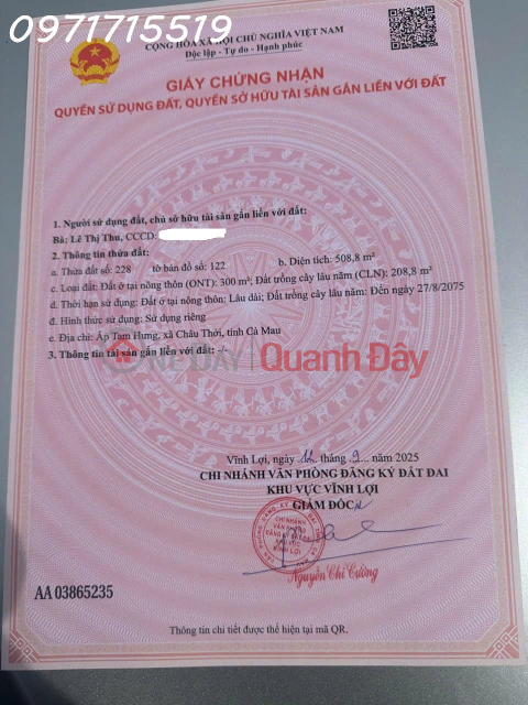 Owner needs money to quickly sell land lot in Chau Thoi commune, Ca Mau province, area 508.8m2, investment price _0