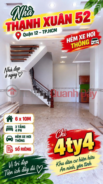 3-story house for sale, 60m2 (6x10m),4 bedrooms, Ha Huy Giap Street, TX52, District 12, accessible by car, only 4.4 billion VND. Sales Listings