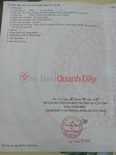 đ 430 Million, PRIME LAND - GREAT PRICE - URGENT SALE OF 2 ADJACENT LAND PLOTS WITH HIGH POTENTIAL IN Nhon Nghia Commune, Phong Dien District, Can Tho City