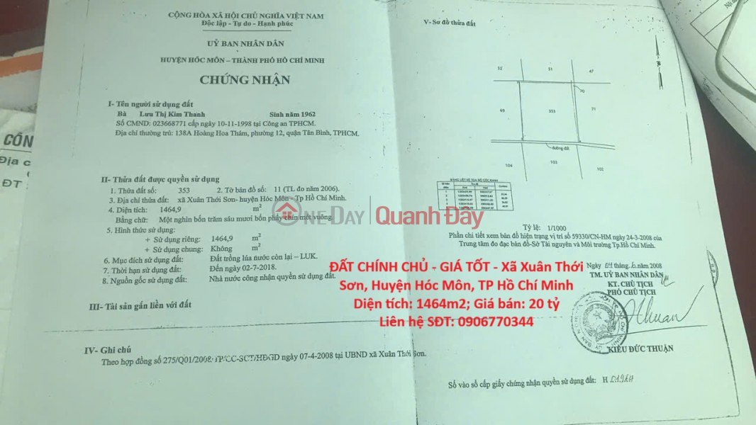 ĐẤT CHÍNH CHỦ - GIÁ TỐT - Xã Xuân Thới Sơn, Huyện Hóc Môn, TP Hồ Chí Minh Niêm yết bán