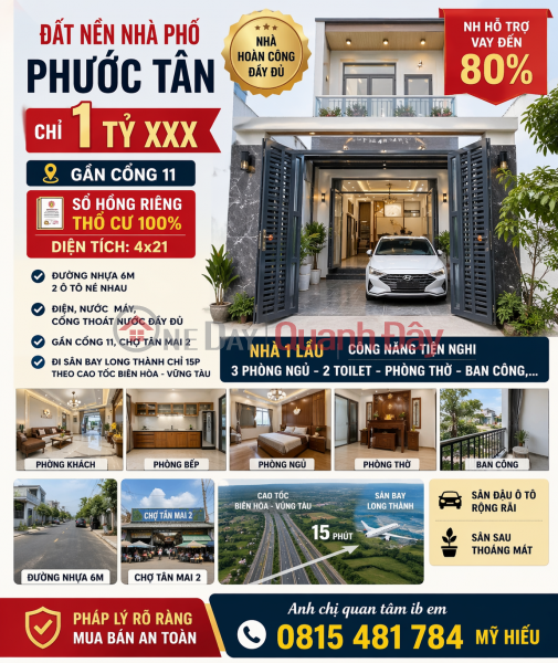 Đất nền nhà phố Phươc Tân chỉ 1 tỷ 600 gần cổng 11, SHR thổ cư 100% DT 4x21 Niêm yết bán