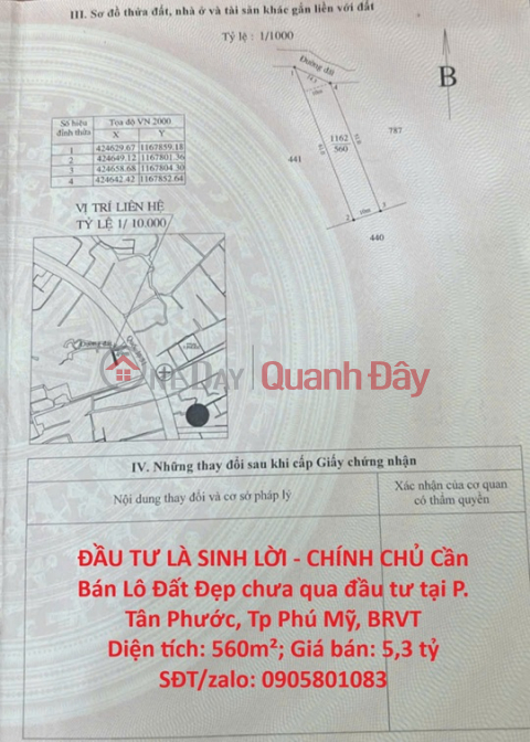 ĐẦU TƯ LÀ SINH LỜI - CHÍNH CHỦ Cần Bán Lô Đất Đẹp chưa qua đầu tư tại P. Tân Phước, Tp Phú Mỹ, BRVT _0