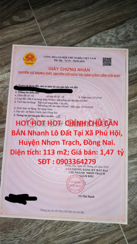 HOT HOT HOT- CHÍNH CHỦ CẦN BÁN Nhanh Lô Đất Tại Xã Phú Hội, Huyện Nhơn Trạch, Đồng Nai. _0