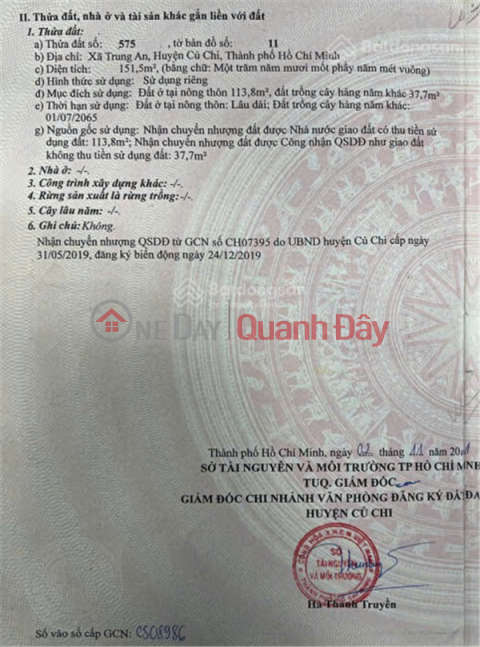 PRIME LAND – GOOD PRICE – OWNER SELLING Located at Plot 521, Map Sheet No. 11, Tan Thanh Tay Commune, Cu Chi District _0