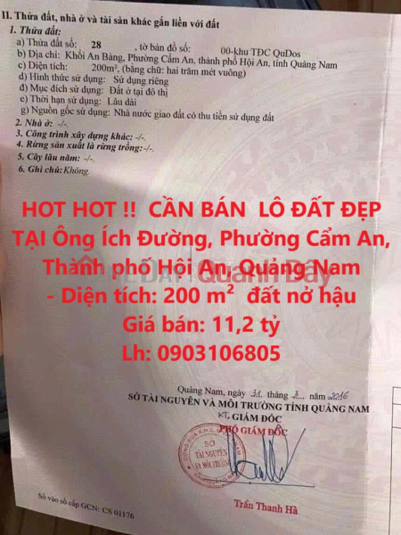 HOT HOT !! CẦN BÁN LÔ ĐẤT ĐẸP TẠI Ông Ích Đường, Phường Cẩm An, Thành phố Hội An, Quảng Nam Niêm yết bán