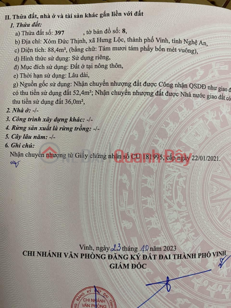 Đất Đẹp - Giá Tốt - Chính Chủ Cần Bán Lô Đất Tại Xã Hưng Lộc - Tp Vinh - Nghệ An Niêm yết bán