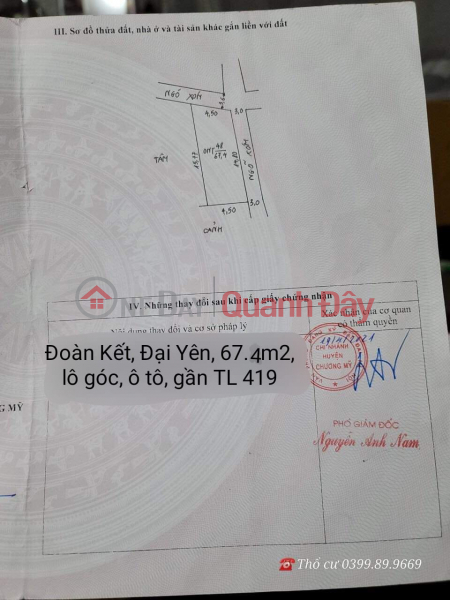 Doan Ket, Dai Yen, 67.4m2, corner lot, car entrance, Tk5, near TL 419, investment price 1.x billion Sales Listings