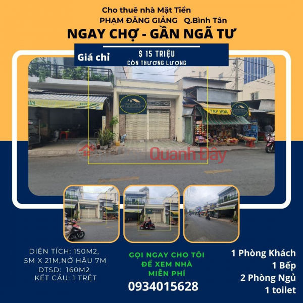 Cho thuê nhà mặt tiền Phạm Đăng Giảng 150m2, 15 triệu - NGAY CHỢ Niêm yết cho thuê