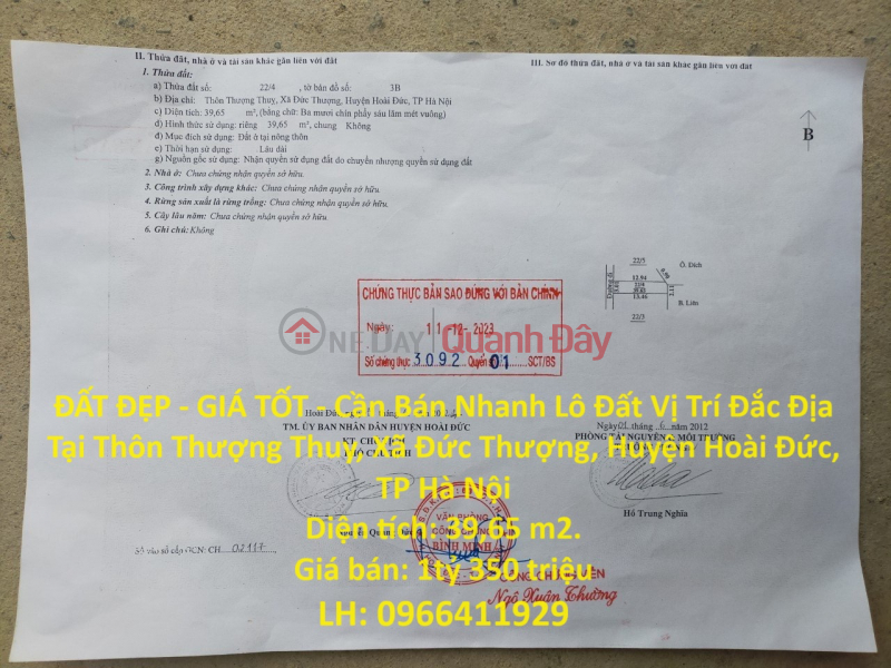 BEAUTIFUL LAND - GOOD PRICE - For Quick Sale Land Lot Prime Location In Duc Thuong, Hoai Duc District, Hanoi City Sales Listings