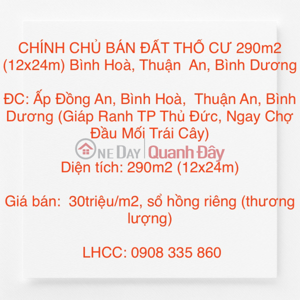 CHÍNH CHỦ BÁN ĐẤT THỔ CƯ 290m2 (12x24m) Bình Hoà, Thuận An, Bình Dương Niêm yết bán