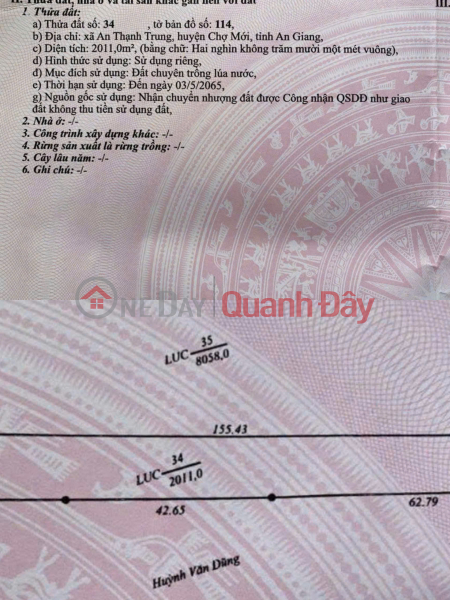 đ 1.2 Billion Land for Sale by Owner: 2,011m2 along Provincial Road 944, Cho Moi, An Thanh Trung Commune, An Giang Province