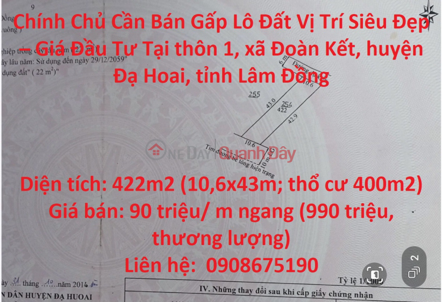 Chính Chủ Cần Bán Gấp Lô Đất Vị Trí Siêu Đẹp – Giá Đầu Tư Tại Đạ Hoai Niêm yết bán