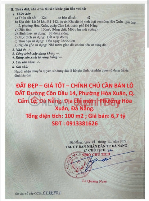 ĐẤT ĐẸP – GIÁ TỐT – CHÍNH CHỦ CẦN BÁN LÔ ĐẤT Đường Cồn Dầu 14, Phường Hòa Xuân, Q. Cẩm Lệ, Đà Nẵng. _0