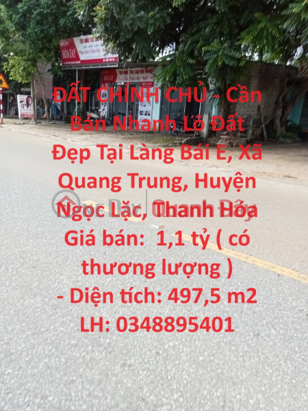 ĐẤT CHÍNH CHỦ - Cần Bán Nhanh Lô Đất Đẹp Tại Xã Quang Trung, Huyện Ngọc Lặc, Thanh Hóa Niêm yết bán