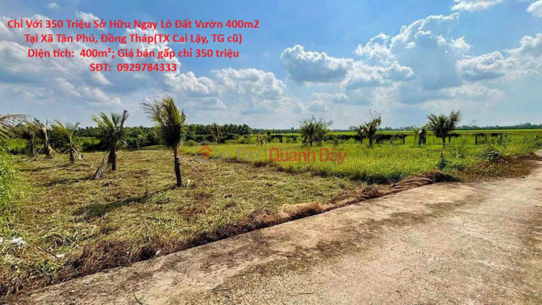 Chỉ Với 350 Triệu Sở Hữu Ngay Lô Đất Vườn 400m2 Tại Xã Tân Phú, Đồng Tháp(TX Cai Lậy, TG cũ) Niêm yết bán