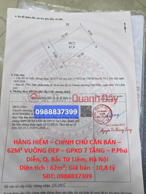 HÀNG HIẾM – CHÍNH CHỦ CẦN BÁN – 62M² VUÔNG ĐẸP – GPXD 7 TẦNG – P.Phú Diễn, Q. Bắc Từ Liêm, Hà Nội _0