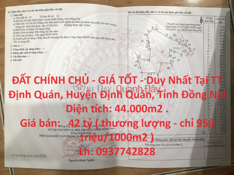 ĐẤT CHÍNH CHỦ - GIÁ TỐT - Duy Nhất Tại TT Định Quán, Huyện Định Quán, Tỉnh Đồng Nai Niêm yết bán