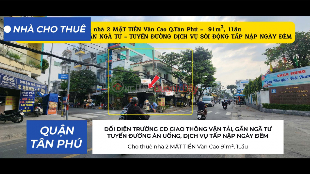 House for rent, 2 street frontages, Van Cao Street, 91m², 1 floor - Opposite the College, near the intersection. Rental Listings