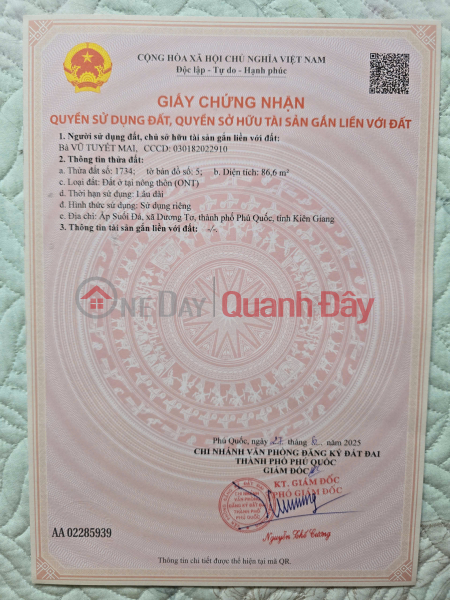 BÁN 86,6M2 ĐẤT FULL THỔ CƯ SẴN SỔ TRUNG TÂM PHÚ QUỐC Niêm yết bán
