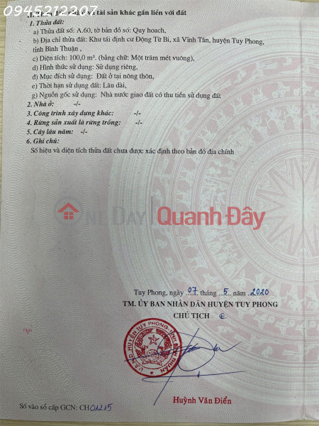 Selling a beautiful plot of land in Vinh Tan, Tuy Phong, Binh Thuan, area 100m2, price 800 million VND. Sales Listings