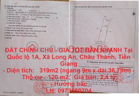 ĐẤT CHÍNH CHỦ - GIÁ TỐT BÁN NHANH Tại Quốc lộ 1A, Xã Long An, Châu Thành, Tiền Giang _0