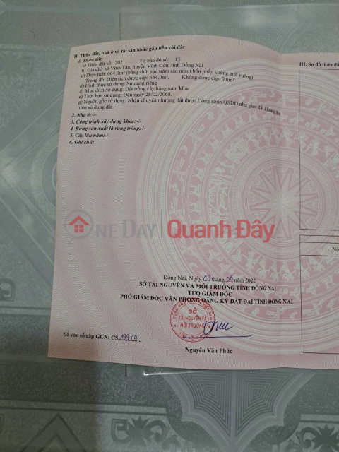 HOT HOT - URGENT SALE OF 664M2 LAND PLOT IN VINH TAN, VINH CUU, DONG NAI - SUPER GOOD PRICE _0
