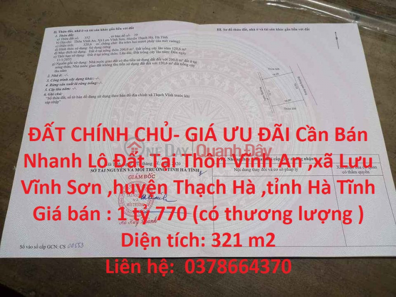 ĐẤT CHÍNH CHỦ- GIÁ ƯU ĐÃI Cần Bán Nhanh Lô Đất Tại xã Lưu Vĩnh Sơn ,huyện Thạch Hà ,tỉnh Hà Tĩnh Niêm yết bán