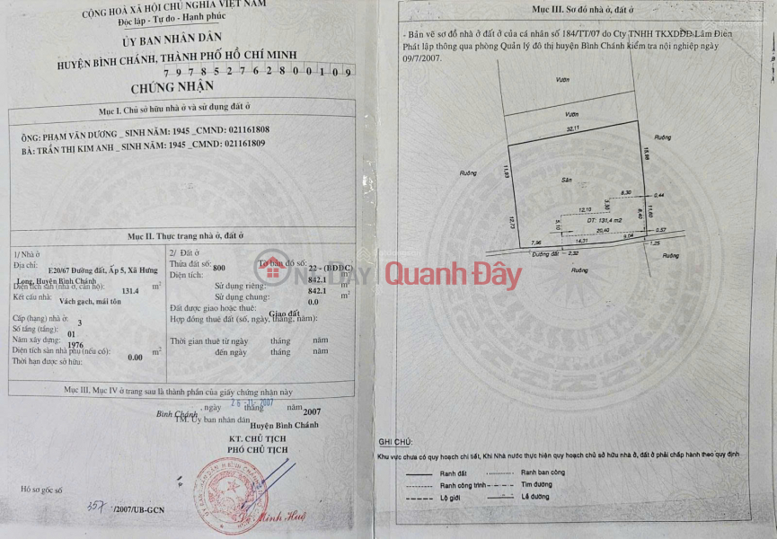 Chính Chủ Bán đất Rạch Sậy, 10.99 Tỷ, 842.1m2, Bình Chánh, HCM , Có Nhà Cấp 4 Sạch đẹp Việt Nam, Bán, đ 10,99 tỷ