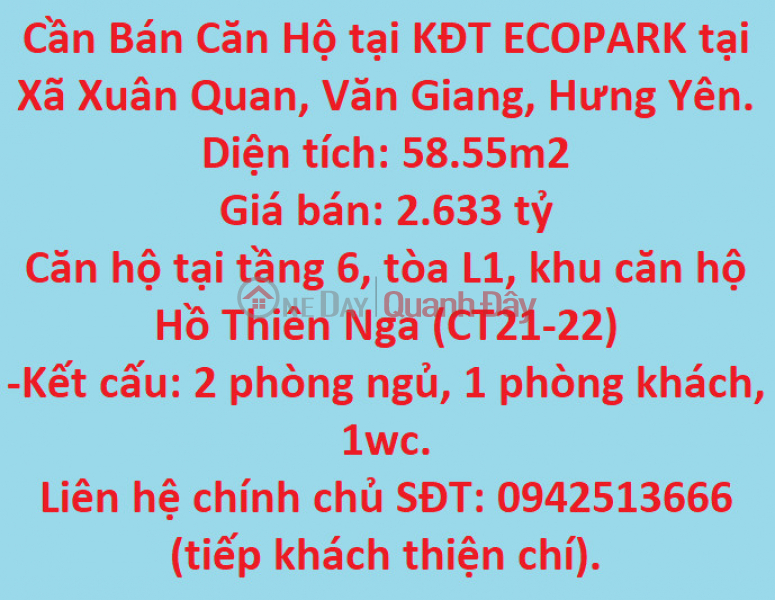 Cần Bán Căn Hộ tại KĐT ECOPARK tại Xã Xuân Quan, Văn Giang, Hưng Yên. Niêm yết bán