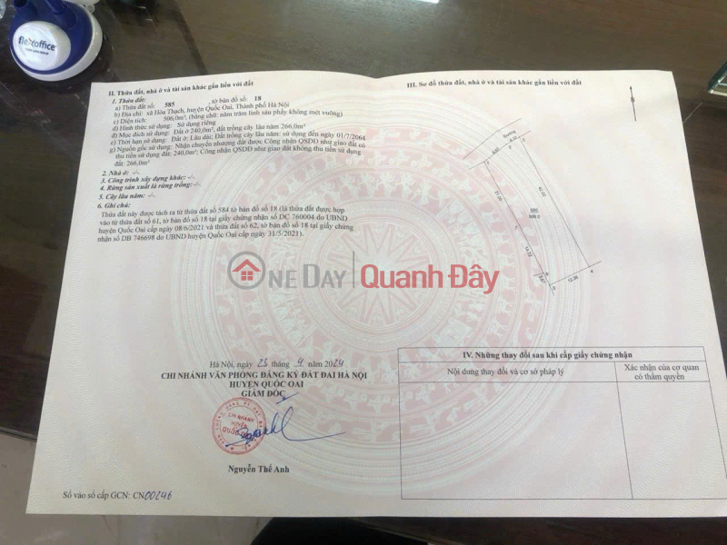 đ 9,11 tỷ BÁN LÔ ĐẤT ĐẸP - Vị trí đẹp tại xã Hòa Thạch, huyện Quốc Oai, Hà Nội (nay là xã Phú Cát)
