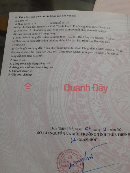 OWN A LOT OF LAND NOW IN RESIDENTIAL PLANNING AREA, Vinh Thanh commune, Phu Vang district, Thua Thien Hue province, Vietnam | Sales | đ 750 Million