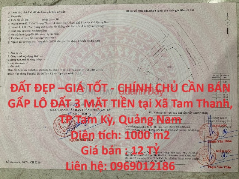 BEAUTIFUL LAND - GOOD PRICE - OWNER NEEDS TO SELL 3-FRONT LOT OF LAND URGENTLY at Tam Thanh Commune, Tam Ky City, Quang Nam Sales Listings