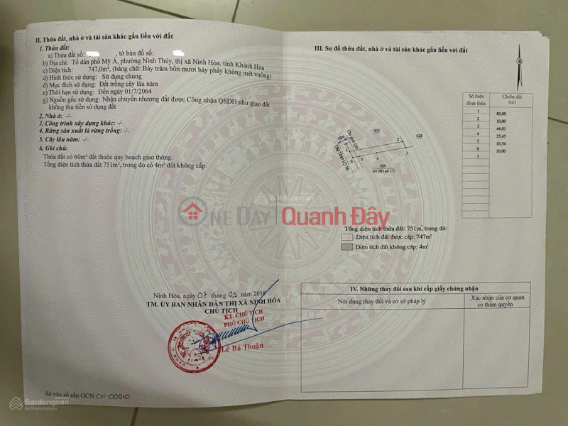 Cần bán đất mặt tiền đường Lê Hồng Phong - phường Đông Ninh Hòa Niêm yết bán