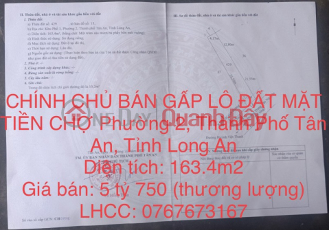 CHÍNH CHỦ BÁN GẤP LÔ ĐẤT MẶT TIỀN CHỢ Phường 2, Thành Phố Tân An, Tỉnh Long An _0