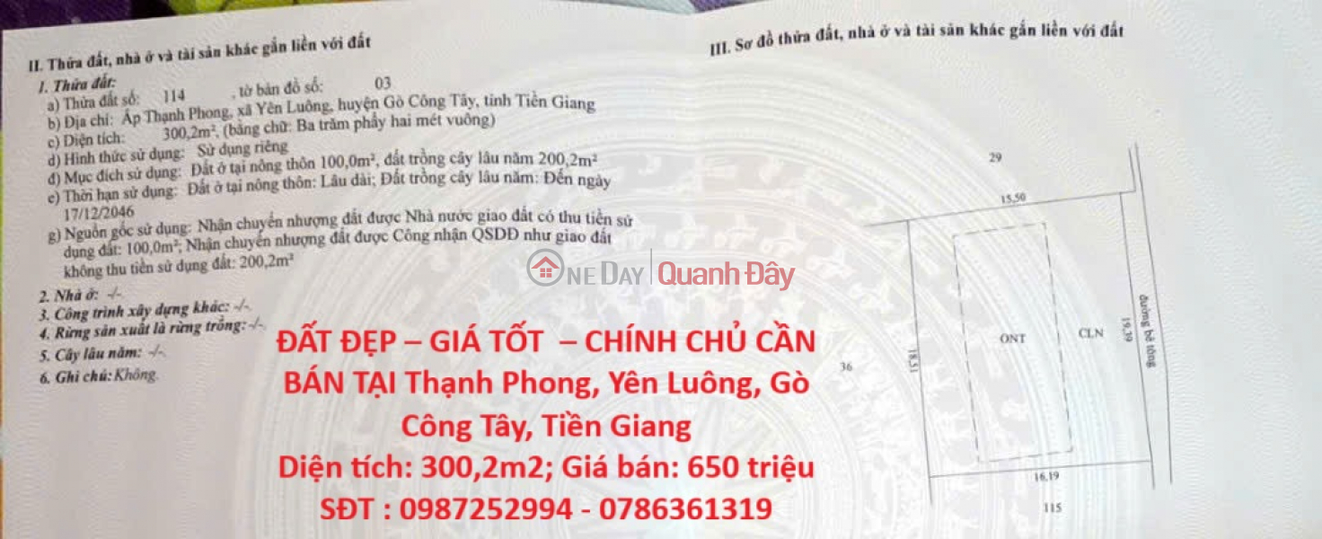 ĐẤT ĐẸP – GIÁ TỐT – CHÍNH CHỦ CẦN BÁN TẠI Thạnh Phong, Yên Luông, Gò Công Tây, Tiền Giang Niêm yết bán
