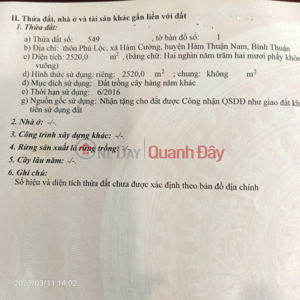 ĐẤT CHÍNH CHỦ - Giá tốt - Vị Trí Đẹp tại Hàm Cường, Hàm Thuận Nam, Bình Thuận Niêm yết bán