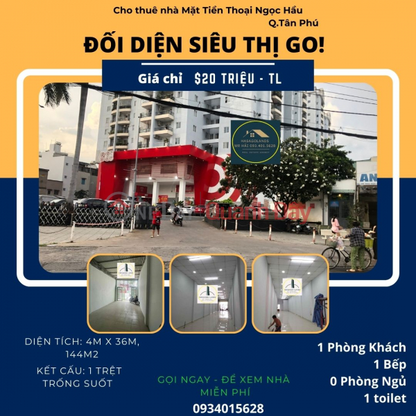 Cho thuê Nhà Mặt Tiền Thoại Ngọc Hầu 144m2, 20 triệu, đối diện Siêu Thị GO! Niêm yết cho thuê